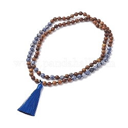 Collar budista de madera y jaspe azul natural, collar de lazo con borlas de poliéster para mujer, azul, 40.94 pulgada (104 cm)
