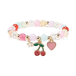 Candy Color Round Beaded Stretch Bracelet with Heart Cherry Charm for Women, Colorful, Inner Diameter: 2 inch(5cm)