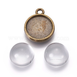 DIY Pendant Making, Alloy  Pendant Cabochon Settings and Flat Round Glass Cabochons, Clear, Antique Bronze, Cabochon Settings: Tray: 12.5mm, 18x14.5x3mm, Hole: 2mm, Cabochons: 11.5x6mm