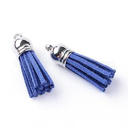 Décorations de pendentif pompon en daim, avec embouts de cordon en plastique ccb, platine, bleu moyen, 35~37x10mm, Trou: 1.8mm