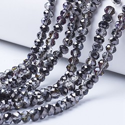 Electroplate Transparent Glass Beads Strands, Half Plated, Faceted, Rondelle, Black Plated, 4x3mm, Hole: 0.4mm, about 123~127pcs/strand, 16.5~16.9 inch(42~43cm)