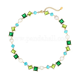 Colliers chaîne à maillons rectangle et imitation perle en acier inoxydable, verte, 16.54 pouce (42 cm)