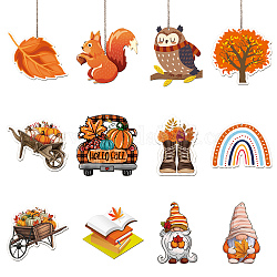 Autumn Theme Wooden Pendant Decorations, Jute Cord Hanging Ornaments, Mixed Shapes, Mixed Shapes, 60~100x60~100mm, Hole: 3mm, 12style, 3pcs/style, 36pcs/set