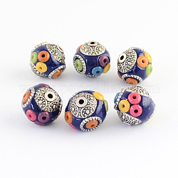 Handmade Indonesia Beads, with Resin Beads, Alloy Cores, Round, Antique Silver, Dark Blue, 14~15x14~16mm, Hole: 1.5~2mm