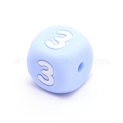 Perlas de silicona, para hacer pulseras o collares, estilo de números arábigos, cubo azul cielo claro, num. 3, 10x10x10mm, agujero: 2 mm