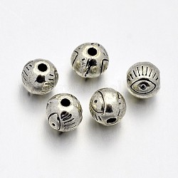 Tibetano rotondo della lega di stile con perline occhio,  piombo & cadmio & nichel libero, argento antico, 6mm, Foro: 1 mm