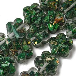 Jaspe impérial naturel teint avec des brins de perles de résine, fleur, vert foncé, 15x16x5.5mm, Trou: 1.2mm, Environ 12 pcs/chapelet, 8.46'' (21.5 cm)