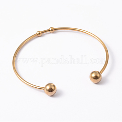 Bracelets de manchette bracelets jonc avec boule en 304 acier inoxydable mode, se terminer par des perles rondes immobiles, or, 50~65mm