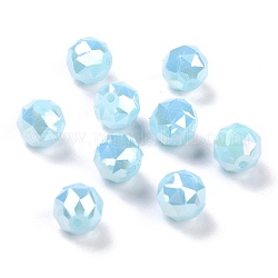 Perles en verre opaque électroplaqué, arc-en-ciel plaqué, facette, ronde, bleu ciel, 10x9.5mm, Trou: 1.4mm