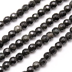 Perles en obsidienne naturelle, facette, ronde, noir, 4mm, Trou: 1mm, Environ 90 pcs/chapelet, 15.35 pouce