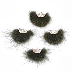 Décorations pendantes de pompon en fausse fourrure de vison, avec strass et les accessoires en alliage, fan, or, vert olive foncé, 24~28x29~34x8mm, Trou: 1.5mm