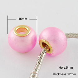 Spray Painted Glass European Beads, with Golden Brass Cores, Large Hole Beads, Rondelle, Pearl Pink, 15x12mm, Hole: 5mm