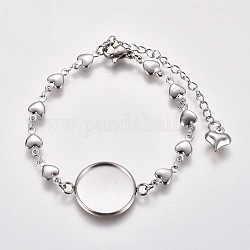 304 Stainless Steel Bracelet Making, with Lobster Claw Clasps, Heart Link Chains and Flat Round Cabochon Settings, Stainless Steel Color, Tray: 16mm, 6 inch(15.3cm)
