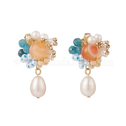 Cornaline naturelle et fleur perlée d'apatite avec des boucles d'oreilles pendantes de perle de coquille, 304 bijoux en perles tressées en acier inoxydable pour femme, colorées, 32mm, pin: 0.6 mm