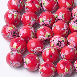 Печатные и окрашенные стеклянные шарики, круглые с цветочным узором, красные, 10~10.5x9.5 мм, отверстие : 1.6 мм