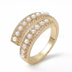 Clear Cubic Zirconia Open Cuff Ring with Plastic Imitation Pearl Beaded, Rack Plating Brass Jewelry for Women, Cadmium Free & Lead Free, Real 18K Gold Plated, US Size 7 3/4(17.9mm)