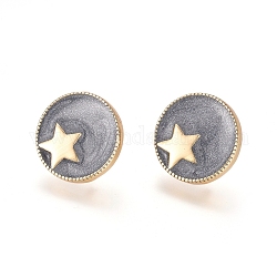 Accessoires de puces d'oreilles en laiton plaqué 18k or véritable, avec boucle et émail, plat et circulaire avec étoile, noir, 14mm, Trou: 1mm, pin: 0.7 mm