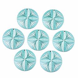 3D Printed Acrylic Pendants, Flat Round with Flower, Turquoise, 42x6.5mm, Hole: 1.6mm