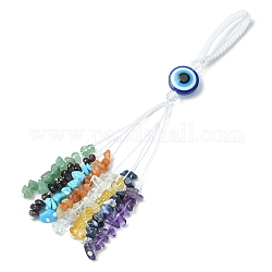 Chakra Gemstone Chip Pendant Decorations, with Evil Eye Lampwork and Nylon Thread Hanging Ornaments, 200mm