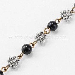 Perlas de cristal redondas hechas a mano cadenas para hacer collares pulseras, Con eslabones florales de aleación de estilo tibetano y alfiler de hierro., sin soldar, negro, 39.3 pulgada