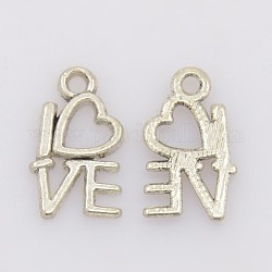 Idées cadeaux Saint Valentin pendentifs en alliage de style tibétain, sans plomb et sans cadmium, coeur avec amour, argent antique, 14.5x8mm, Trou: 1mm