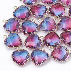 K9 Glass Pendants, Imitation Tourmaline, with Golden Tone Brass Findings, Faceted, Heart, Purple, 20x16.5x8mm, Hole: 2mm