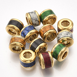304 Stainless Steel European Beads, with Fiber, Large Hole Beads, Column with Basket Weave Pattern, Golden, Mixed Color, 10x8mm, Hole: 5mm