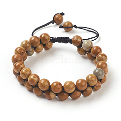 Adjustable Natural Petrified Wood Braided Bead Bracelets, with Nylon Thread, 2 inch~2-1/4 inch(5~5.8cm), 8~8.5mm