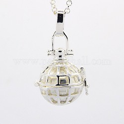 Silver Tone Grid Brass Cage Pendants, Chime Ball Pendants, with Brass Spray Painted Bell Beads, Gainsboro, 25x23x19mm, Hole: 3x5mm