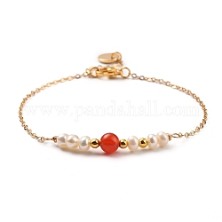 Bracelets en perles d'agate rouge naturelle / cornaline (teints et chauffés), avec des perles de nacre naturelle, chaînes de câble en laiton et perles et breloques, Fermoirs mousquetons en 304 acier inoxydable, 7-1/4 pouce ~ 7-1/2 pouces (18.5~19 cm)