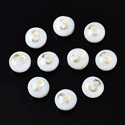 Perles de coquillages naturels d'eau douce, avec des ornements en métal en laiton doré, plat et circulaire avec numéro, num. 3, 8x4.5mm, Trou: 0.8mm