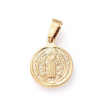 Vacuum Plating 304 Stainless Steel Pendants, Religion, Flat Round with Saint Benedict, Golden, 15x12x1.5mm, Hole: 5x3mm
