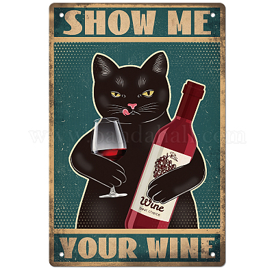 Wholesale GLOBLELAND Vintage Metal Tin Sign Funny Cat and Wine Art