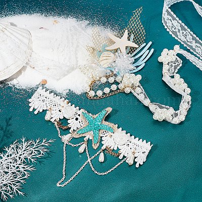 GORGECRAFT 2pcs Mermaid Hair Accessories Starfish Hairband Headpiece and Sea Star Necklace Summer Bohemia Ocean Peal Shell Crown