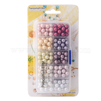 PandaHall Elite 8mm About 230pcs Glass Pearl Round Beads with Case for Jewelry Making Multicolor