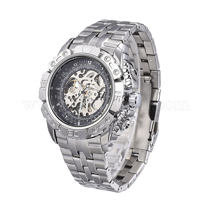 合金の腕時計ヘッド機械式時計  ステンレス製の時計バンド付き  ステンレス鋼色  ブラック  70x22ミリメートル  ウオッチヘッド：55x52x17.5ミリメートル ：ウオッチフェス：34ミリメートル WACH-L044-01B-P-1