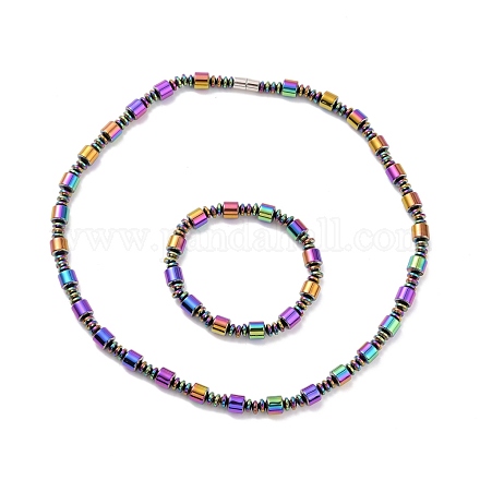 Bracciale con collana di perline a colonna in ematite sintetica e ottone con fermagli magnetici SJEW-G079-01D-1