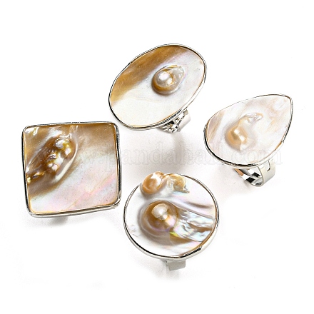 Conchiglia d'acqua dolce con anelli per dita regolabili con perle per ragazze AJEW-Z010-03-1