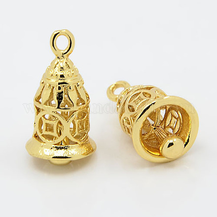 Vrais pendentifs de cloche bouddhiste en laiton plaqué 18k or véritable KK-K095-01G-1