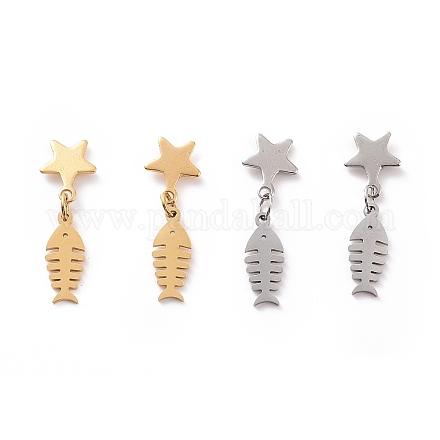 304 Stainless Steel Fishbone with Star Dangle Stud Earrings for Women EJEW-G328-11-1