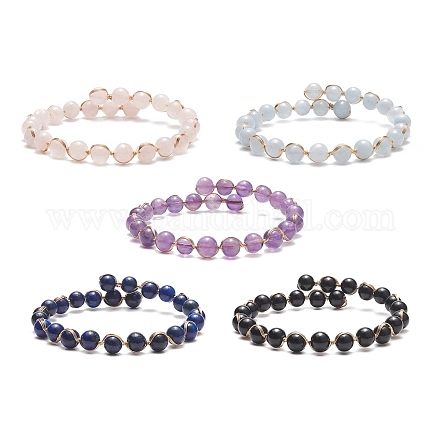 Ensemble de bracelets de manchette perlés ronds de pierres précieuses mélangées naturelles de style 5pcs 5 BJEW-JB09011-1