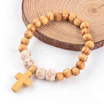 Bois croix bracelets en perles stretch X-BJEW-JB02220-1