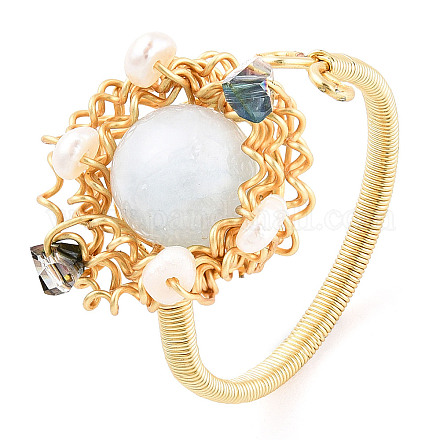 Круглое открытое кольцо-манжета с плетением из натурального жемчуга и драгоценных камней RJEW-T026-10G-1