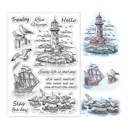 GLOBLELAND Lighthouses Clear Stamps Seagulls Sailboats Sea Background Silicone Clear Stamp Seals for Cards Making DIY Scrapbooking Photo Journal Album Decoration DIY-WH0167-57-0047-1