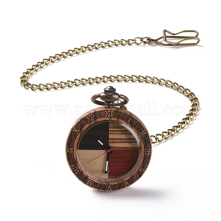Reloj de bolsillo de madera de zebrano con cadena de latón y clips WACH-D017-F01-AB-1