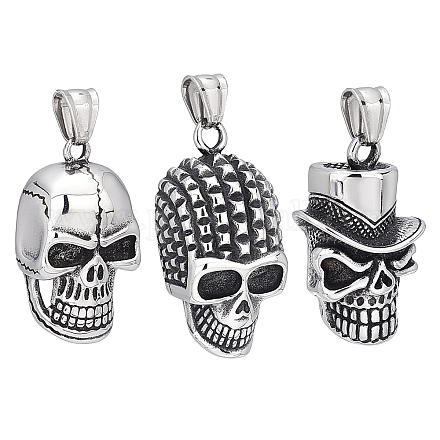 UNICRAFTALE 3Pcs 3 Style Halloween Theme Pendant Skull Charms 304 Stainless Steel Pendants Hole 6mm Antique Silver Skull Charms Metal Big Hole Pendant 35.5~40.5mm for DIY Necklace Jewelry Making STAS-UN0037-56-1