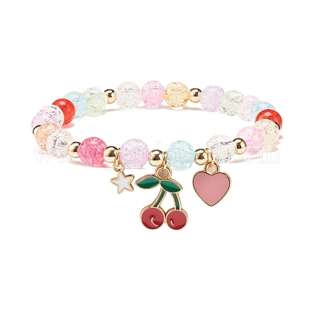 Bracciale elasticizzato con perline rotonde color caramello con ciondolo a forma di ciliegia a cuore da donna BJEW-JB07636-01-1