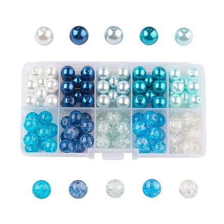 Carribean Blue Mix Baking Painted Crackle Glass & Glass Pearl Bead Sets HY-X0009-10mm-03-1