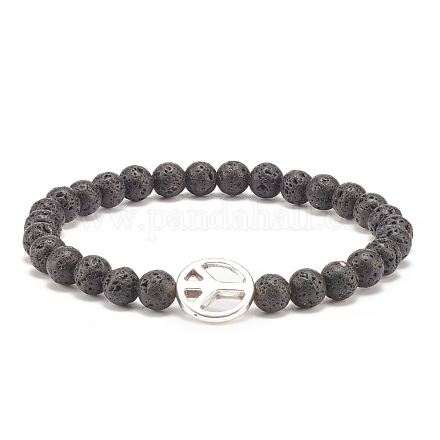 Natural Lava Rock Stretch Bracelet with Alloy Peace Sign Beaded BJEW-JB08309-05-1