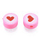 Handmade Polymer Clay Beads, Flat Round with Heart, Pearl Pink, 9.5~10x4.5~5mm, Hole: 1.6mm